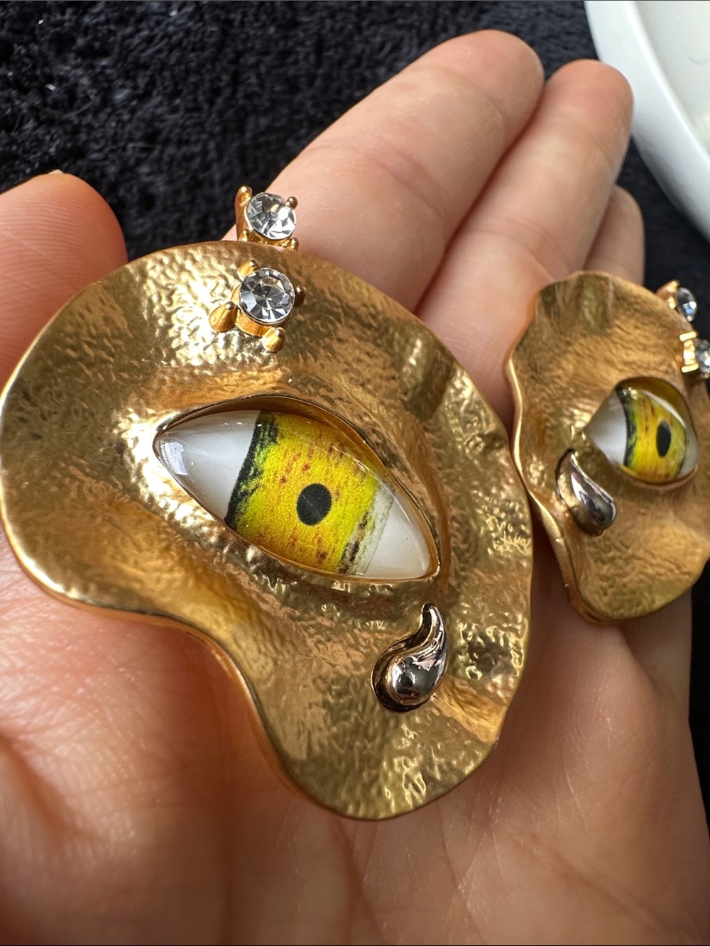 Gold Textured Eye Drop Earrings with Yellow Accent - Picture 4 of 7